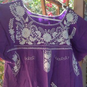 Mexican Peasant Dress, Purple with White Embroidered Flowers